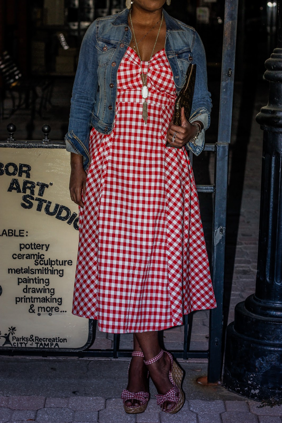 Gasparilla Food Festival Twist Front Gingham Slip Dress + Jean Jacket