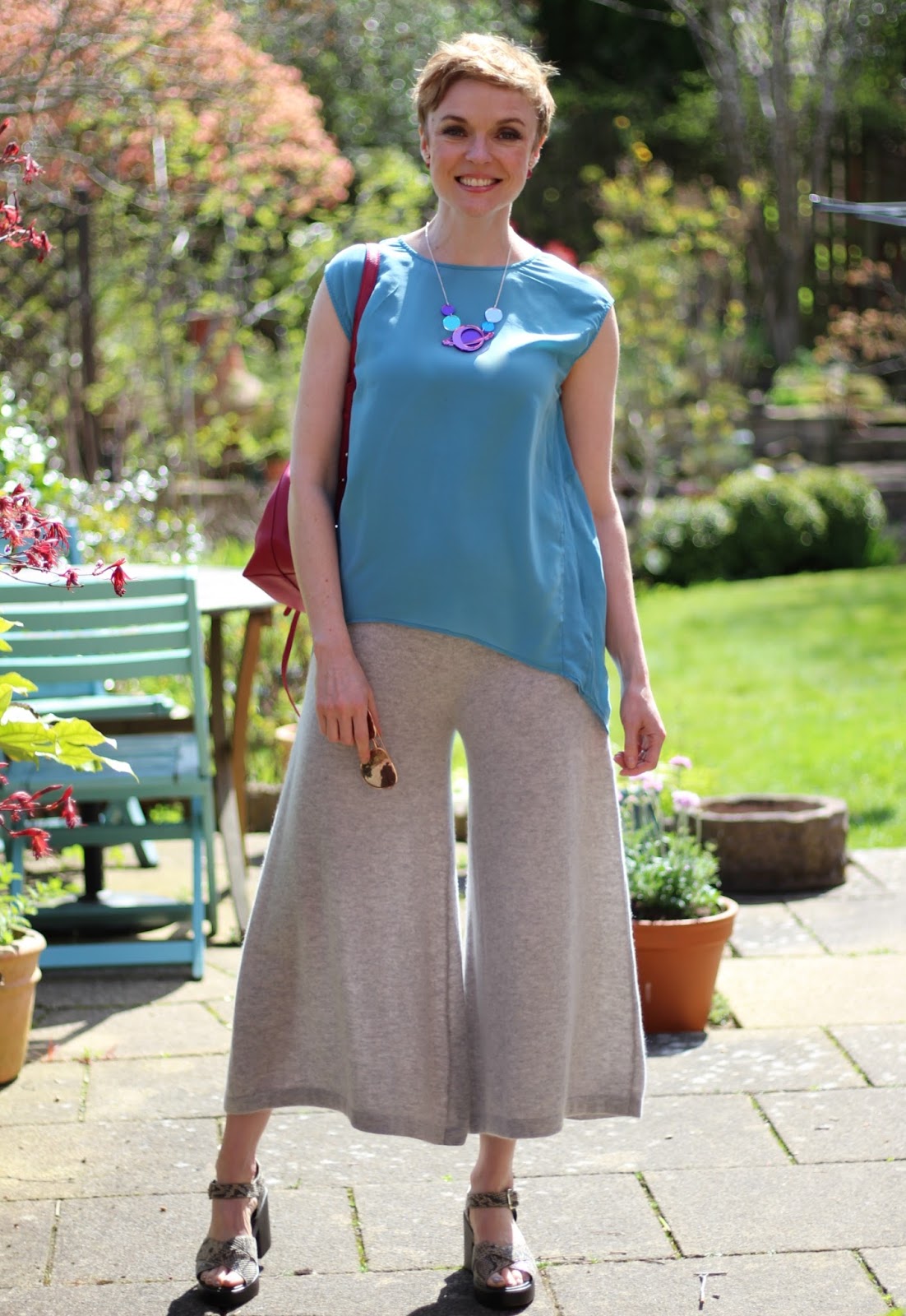 Blue Top & Grey Culottes | Tatty Devine Barbican Space Necklace | Fake Fabulous