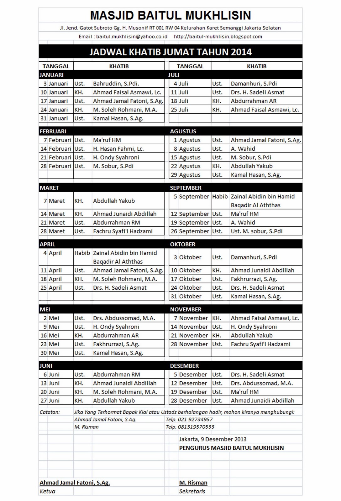 MASJID KITA JADWAL KHATIB JUMAT TAHUN 2014