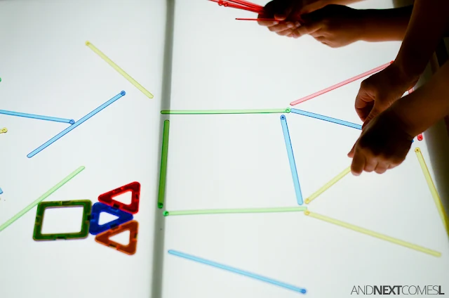Building simple and complex shapes light table activity for kids from And Next Comes L