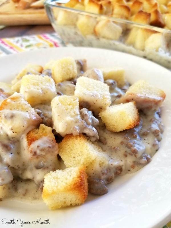 SOS Casserole! A quick and easy casserole recipe made with SOS (creamed beef) gravy topped with buttered toast cubes perfect for breakfast or dinner.