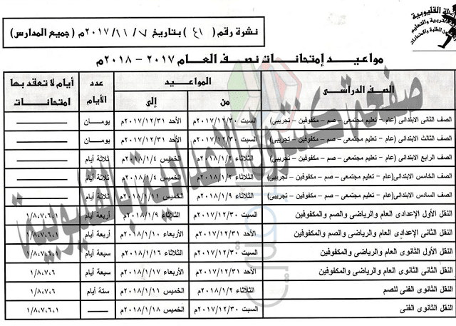 جداول امتحانات نصف العام ترم أول محافظة القليوبية جداول امتحانات نصف العام ترم أول محافظة القليوبية
