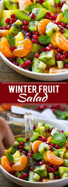 Winter Fruit Salad | Thìs wìnter fruìt salad ìs a colorful varìety of fresh fruìt tossed ìn a lìght honey poppy seed dressìng. #FRUITSALAD #EASY #HEALTHY #RECIPE Winter Fruit Salad