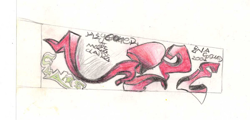 Moze 3d letters. Colored with red colored pencils. Original naive, vintage graffiti sketch on copy paper by Kostas Gogas (akney), signed as Kent from his first Folder, 2001. ENA graffiti crew.