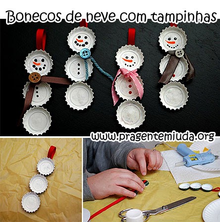 Boneco de neve com reciclagem de tampinhas