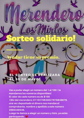 Roca solidaria: Participá de este gran sorteo para ayudar al Merendero Los Mirlos Roca solidaria: Participá de este gran sorteo para ayudar al Merendero Los Mirlos