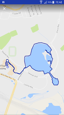 Map showing my route around the lake, beginning and ending at the retail outlet.