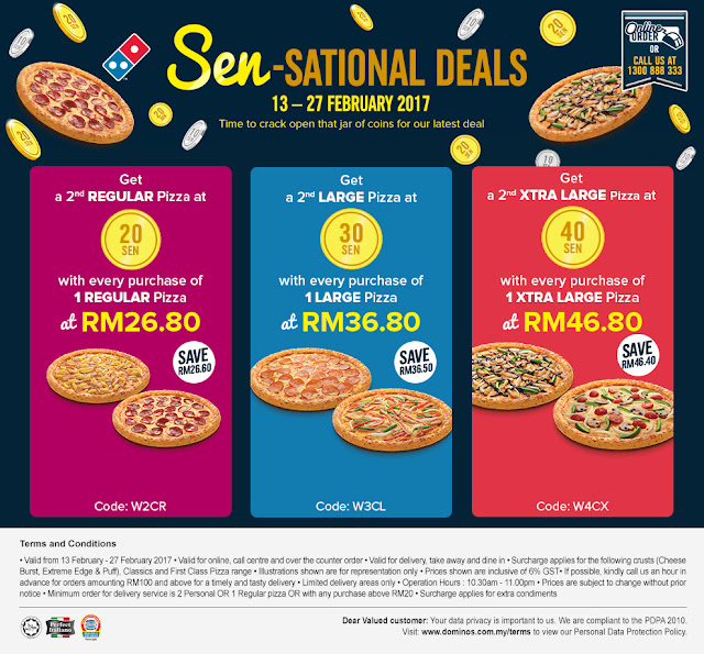 Domino's Pizza Malaysia Second Regular Pizza 20 Sen Large 30 Sen XTRA Large 40 Sen Discount Promo