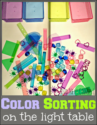 A simple color sorting activity for kids on the light table from And Next Comes L