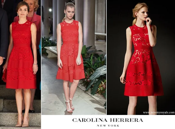 Queen Letizia wore Carolina Herrera Lace Dress from Fall 2016 Collection