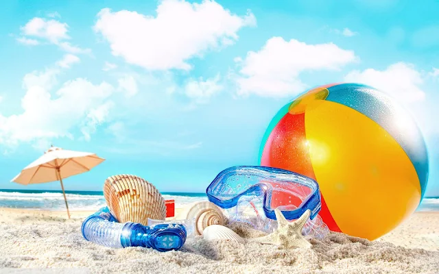 Foto met strandbal, snorkel, duikbril, zeester, schelpen, parasol, strand en zee