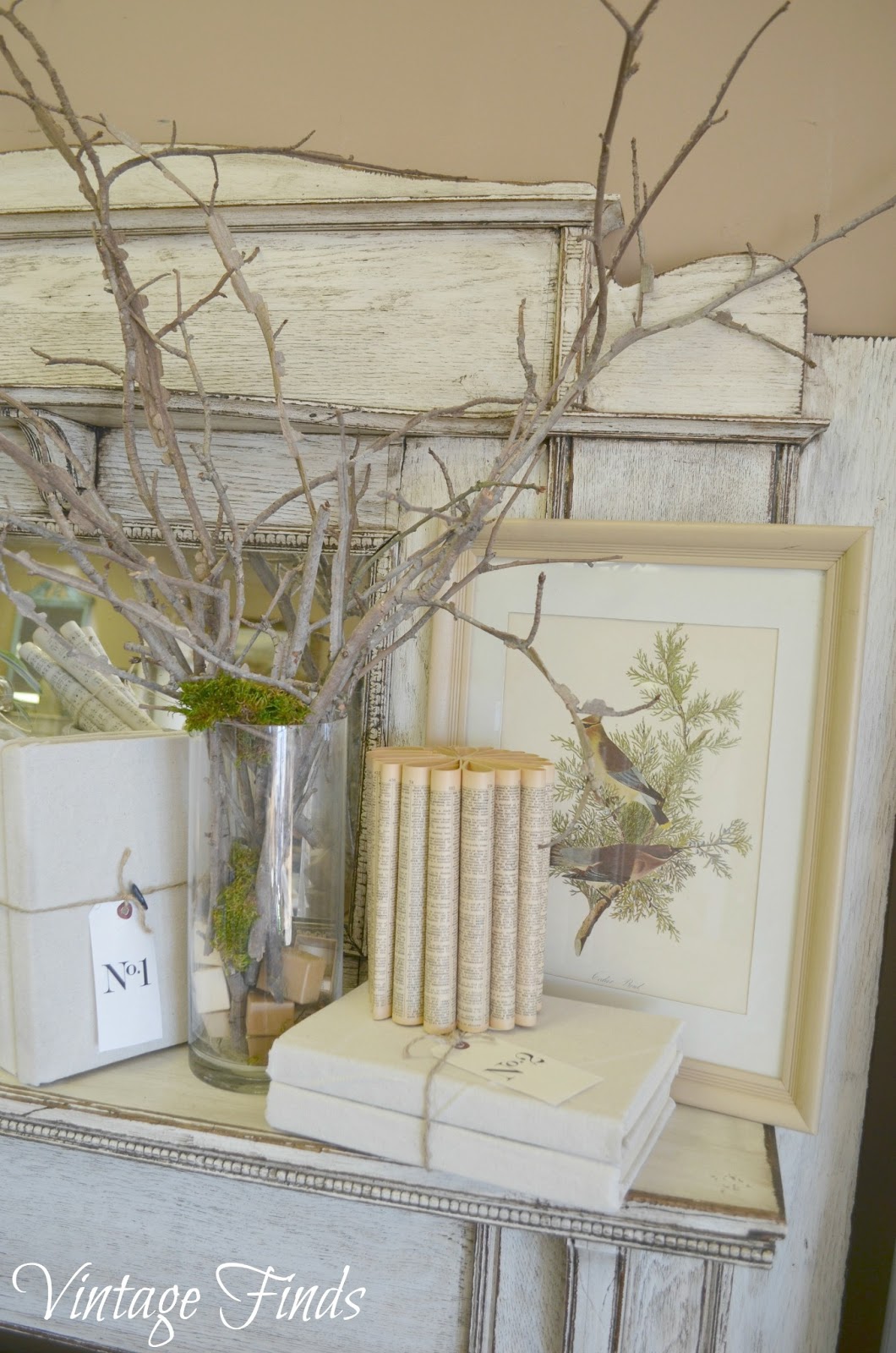 spring, mantel, moss, branches, books, bookpages