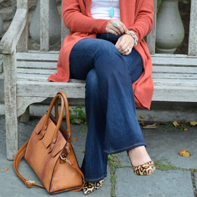 Cognac Structured bag, leopard heels, orange and turquoise outfit inspiration
