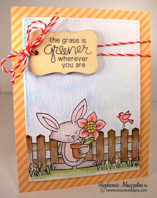 Grass is Greener Bunny Garden card by Stephanie Muzzulin | Garden Whimsy | Garden Stamp Set by Newton's Nook Designs
