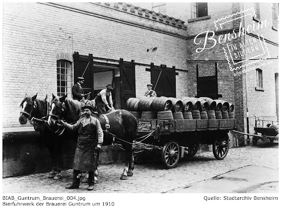 Guntrum Brauerei Bensheim, Außen- und Innenaufnahmen um 1910, bearbeitet Stoll-Berberich 2016, Quelle: Stadtarchiv Bensheim