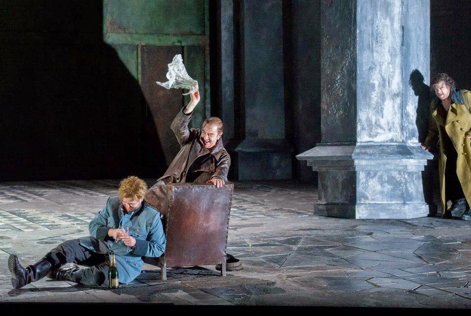 Stuart Skelton, Allan Clayton, Jonathan Summers in act three of Verdi's Otello at English National Opera - photo Alastair Muir