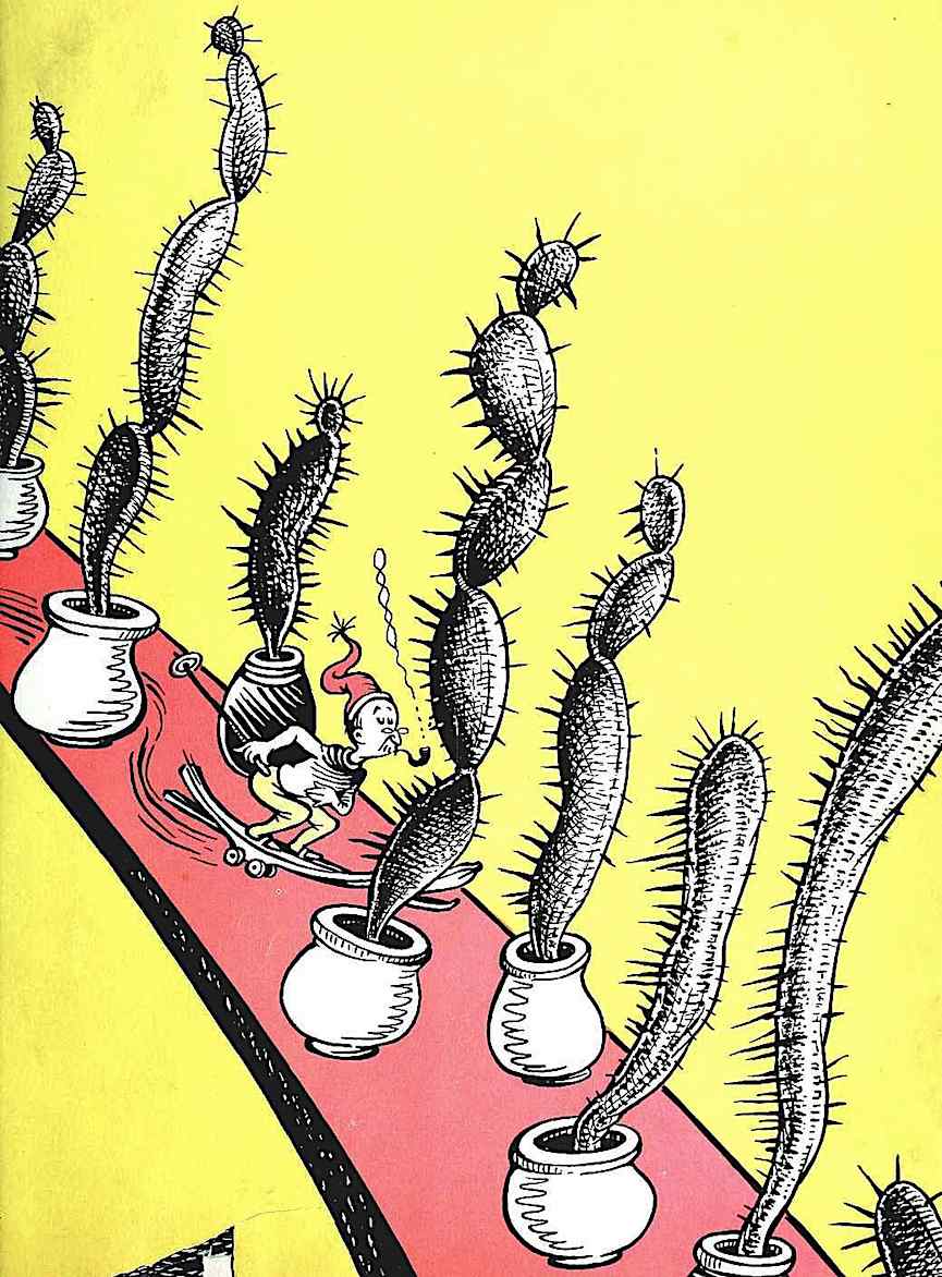 Dr Seusse a Dr Seusse children's book illustration of slalom skiing between cactus