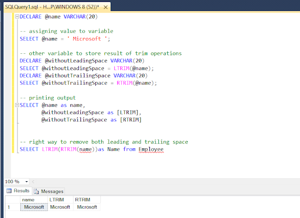How to Remove Leading/Trailing White Space from a String in SQL Server? LTRIM, RTRIM Example