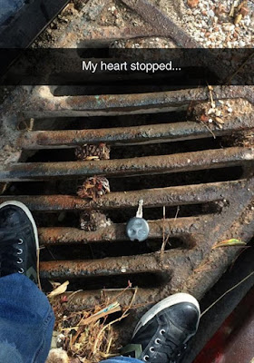 heart stopped picture, sewer grate, my heart stopped meme, almost dropped key down manhole