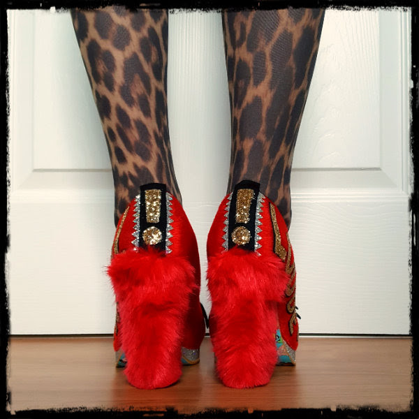 Irregular Choice Muppets Animal red fur fabric heeled shoes back view wearing Irregular Choice Muppets Animal red furry heels