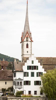 Church spire in Stein am Rhein, a town easily accessible by car from Zurich for a day trip