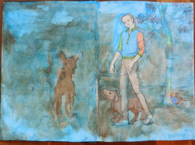 drawing of a man and a dog walking