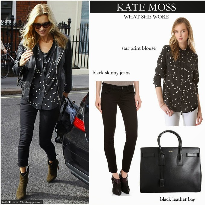 WHAT SHE WORE: Kate Moss in black leather jacket with black star print ...