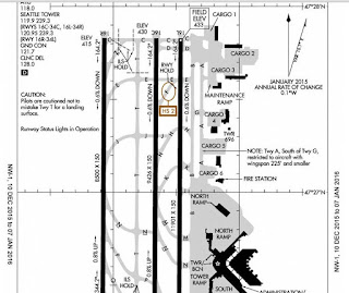 A warning about taxiway T is printed on the Seatac airport profile 