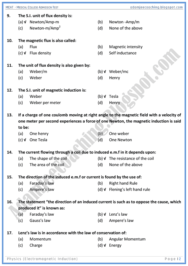 Adamjee Coaching MCAT Physics Induction] Mcqs for