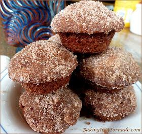 Cinnamon Sugared Dark Chocolate Mini Muffins: two bite dark chocolate muffins coated with cinnamon and sugar almost tasting like a little donut. | Recipe developed by www.BakingInATornado.com | #recipe #muffins