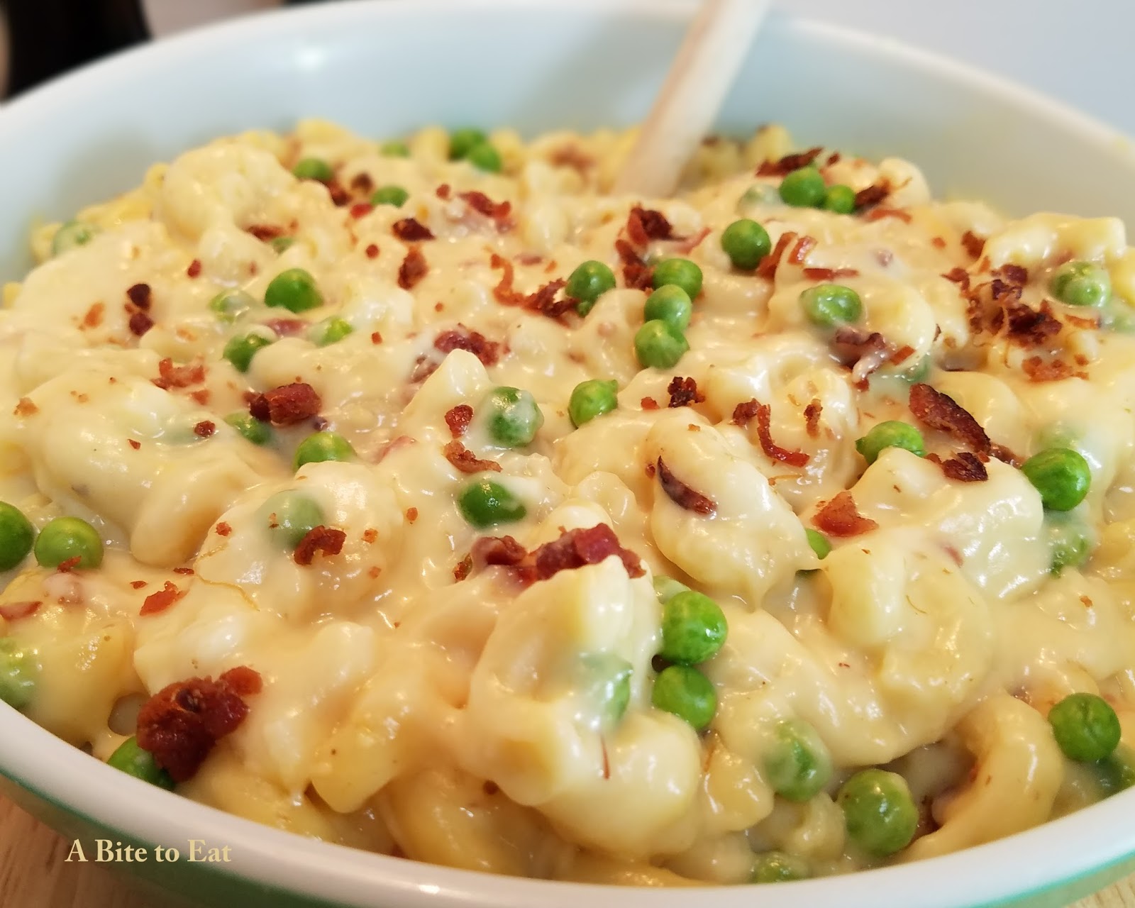 A Bite to Eat Macaroni and Cheese with Bacon and Peas