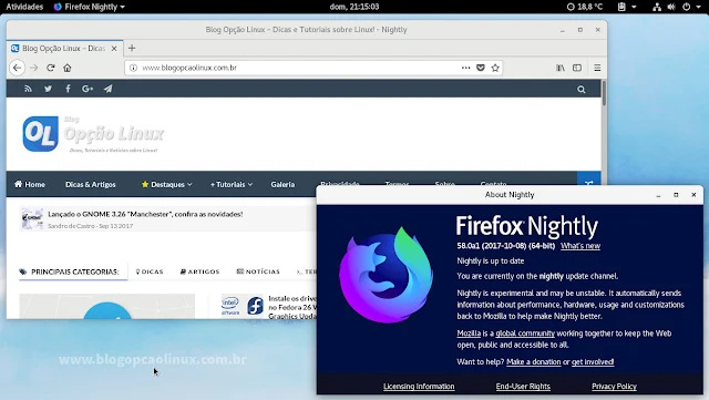 Mozilla Firefox Nightly executando no Fedora 26 com ambiente de desktop GNOME