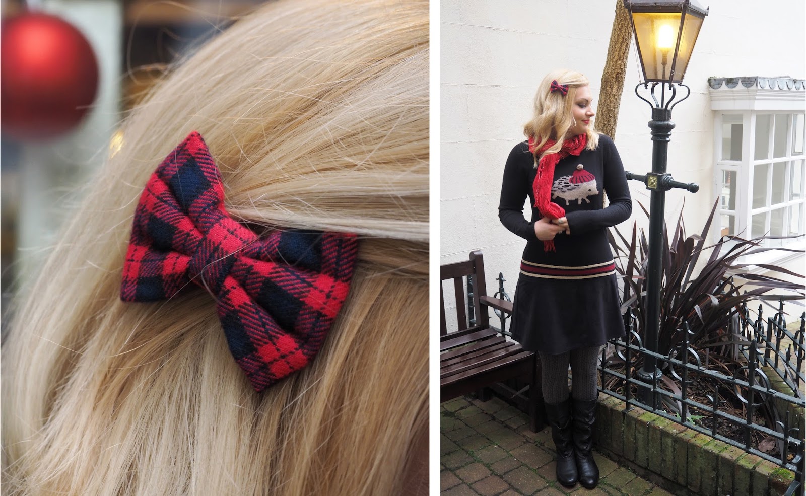 Outfit: Wrapped In Red, Accessorize Plaid Hairbow | Katie Kirk Loves