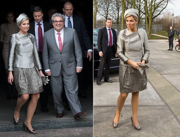Queen Maxima of The Netherlands arrives in the Westergasfabriek (Westergasfactory) for the 10-year-anniversary of the Leerorkest (Learing-orchestra) 