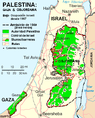 Mapa que representa la localización de los muros de Cisjordania y Gaza