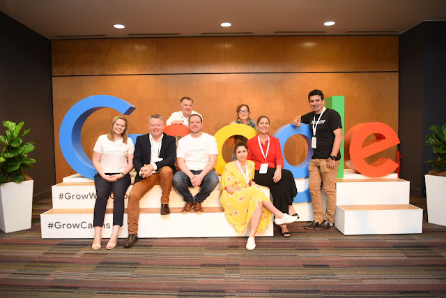 Photo of team at the Grow with Google event. Front row: Hannah Frank (Google Australia), Michael Healy MP, Richard Flanagan (Google Australia), Anna Fredericks (James Cook University), Debbie-Anne Bender (CEO, Cairns Chamber of Commerce), Nick Loukas (President, Cairns Chamber of Commerce)