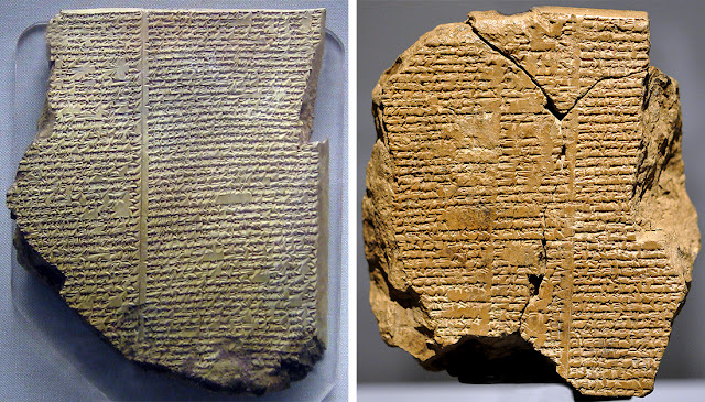Epic of Gilgamesh Clay Tablet-Left Tablet XI,  known as Story of the Flood, 7th c. BCE, Akkadian-Rigt Tablet V, 1800-1600 BCE, Old Babylonian Period