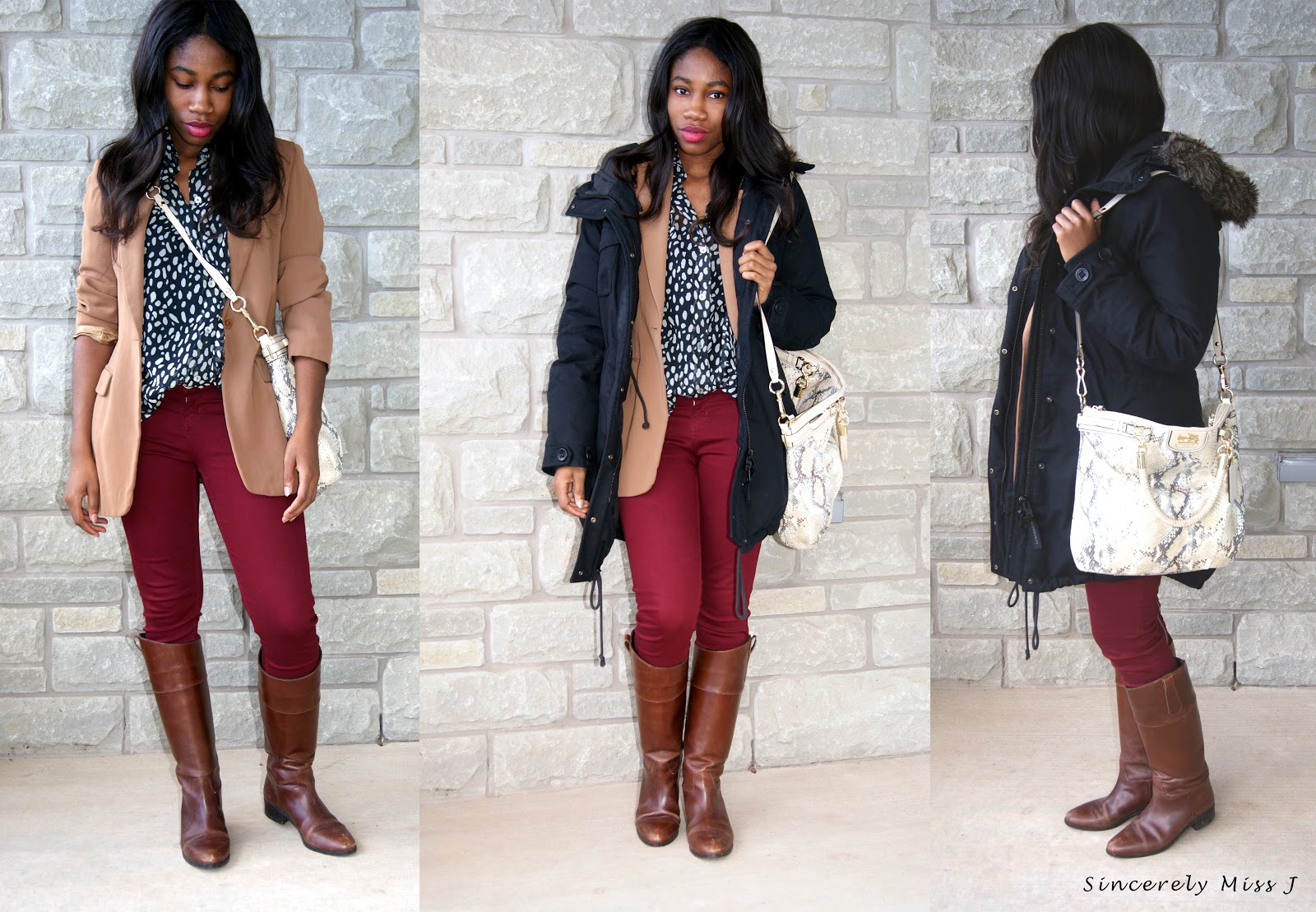 Outfit Information: Blazer & blouse & Boots: thrifted, Bag: Coach, Coat: Aritzia, Jeans: Guess