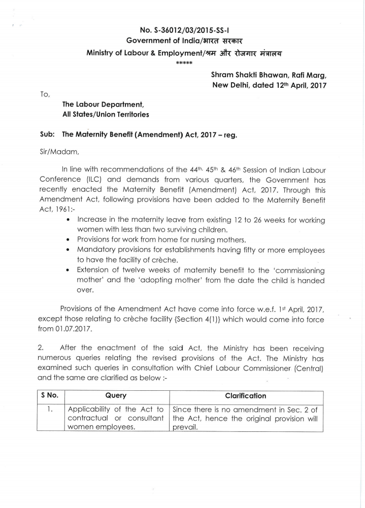 Maternity Benefit (Amendment) Act , 2017 Clarifications Ministry of