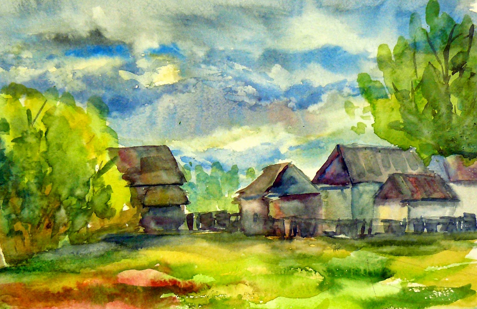 Пейзаж Сумерки в деревне акварелью