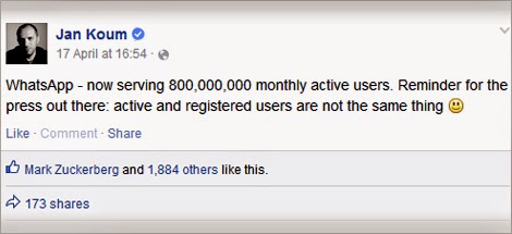 Jan Koum facebook post whatsapp 800 million