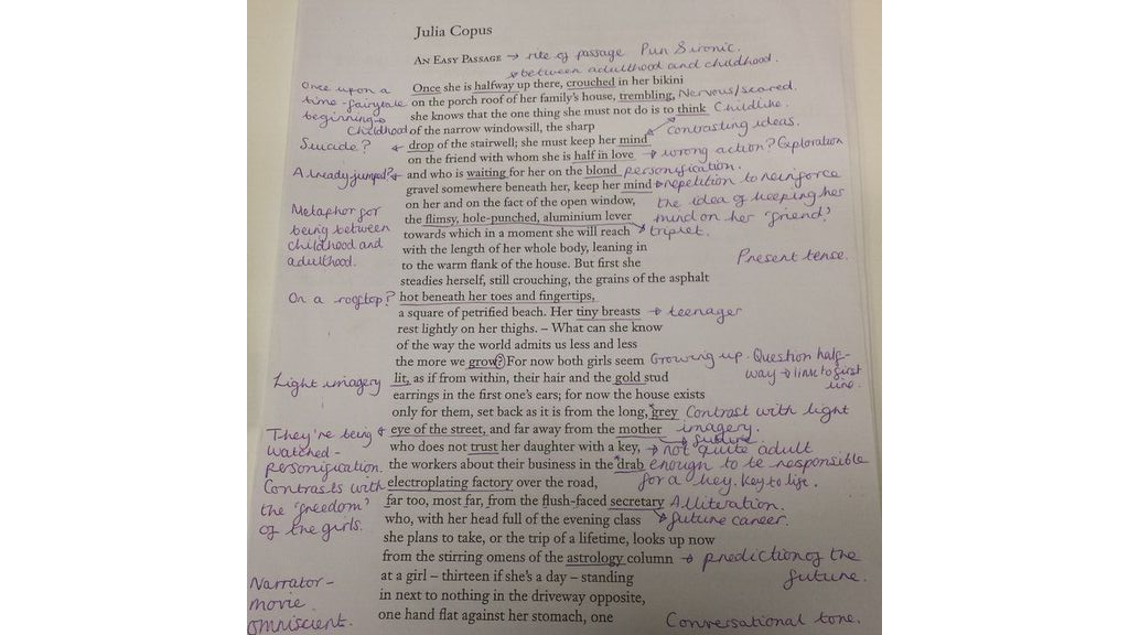 201517 A Level English 'An Easy Passage' by Julia Copus
