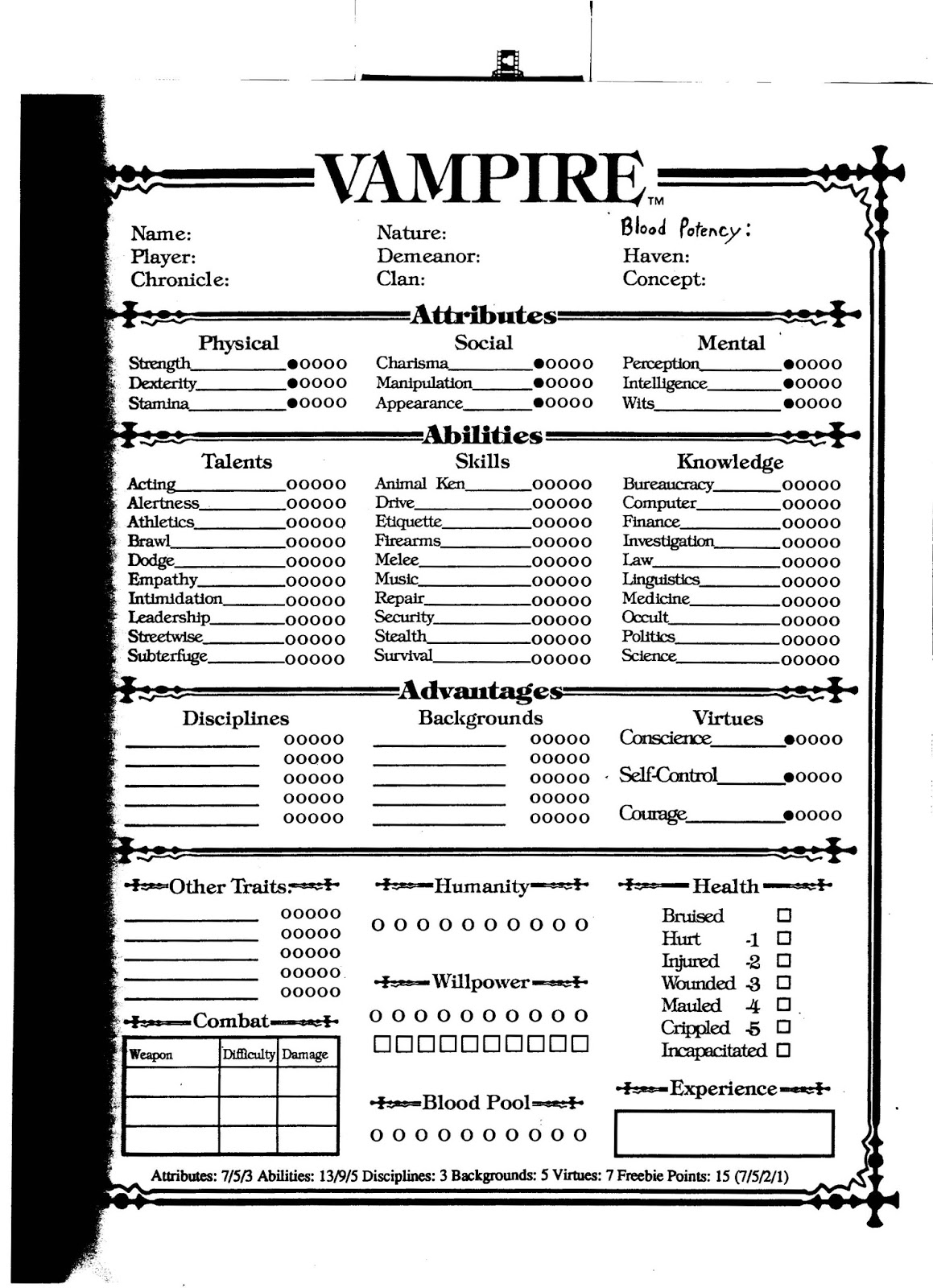 Venger's old school gaming blog: The Original Vampire: the Masquerade  Character Sheet