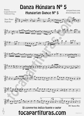 Tubepartitura Danza Húngara nº 5 Partitura de Saxofón Tenor y Saxofón Soprano de Johannes Brahms