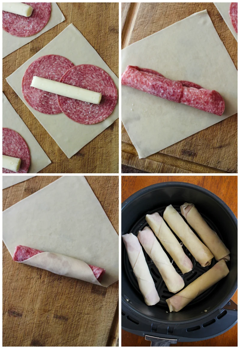 Salami and Cheese Egg Rolls cooked in your air fryer have a crispy egg roll wrapper shell filled with melty mozzarella cheese wrapped in Genoa salami. Dip them in mustard or marinara! #eggrolls #appetizer #mozzarellasticks