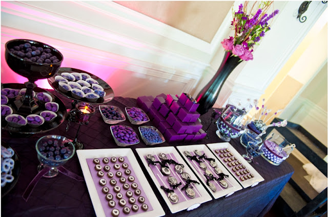 CANDY BUFFET WAS CREATED FOR A PURPLE SILVER AND BLACK FALL WEDDING