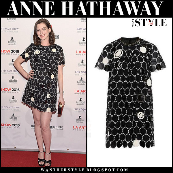 Anne Hathaway In Black Circle Embroidered Mini Dress Los Angeles Anne Hathaway In Black Circle Embroidered Marc Jacobs Mini Dress And Platform Miu Sandals