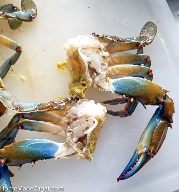 Blue crabs cleaned and cut in two.