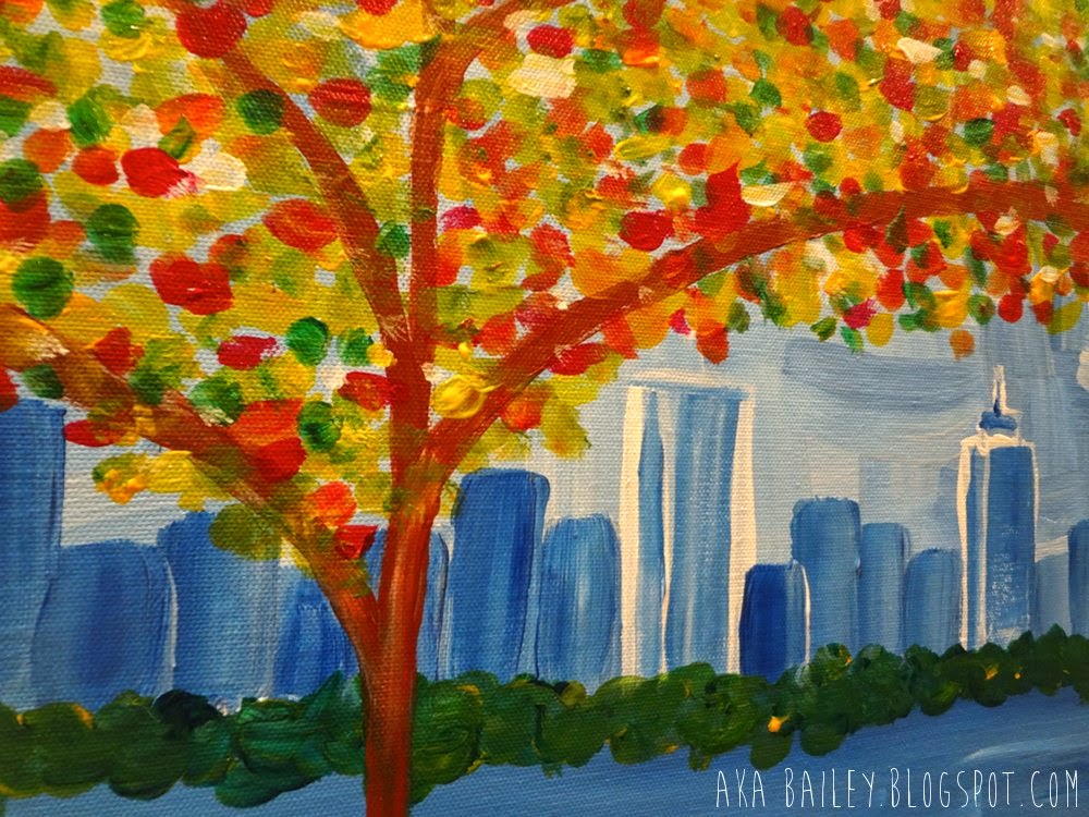 Autumnal tree, Boston skyline painting