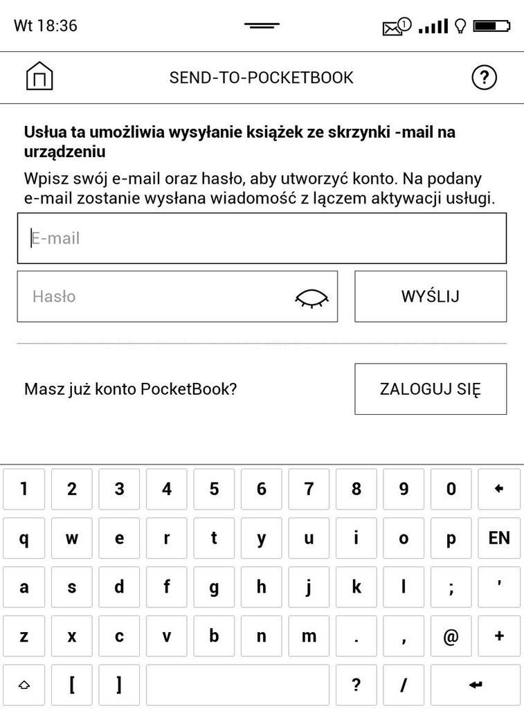 PocketBook Touch HD 3 – ekran logowania do usługi Send-to-PocketBook